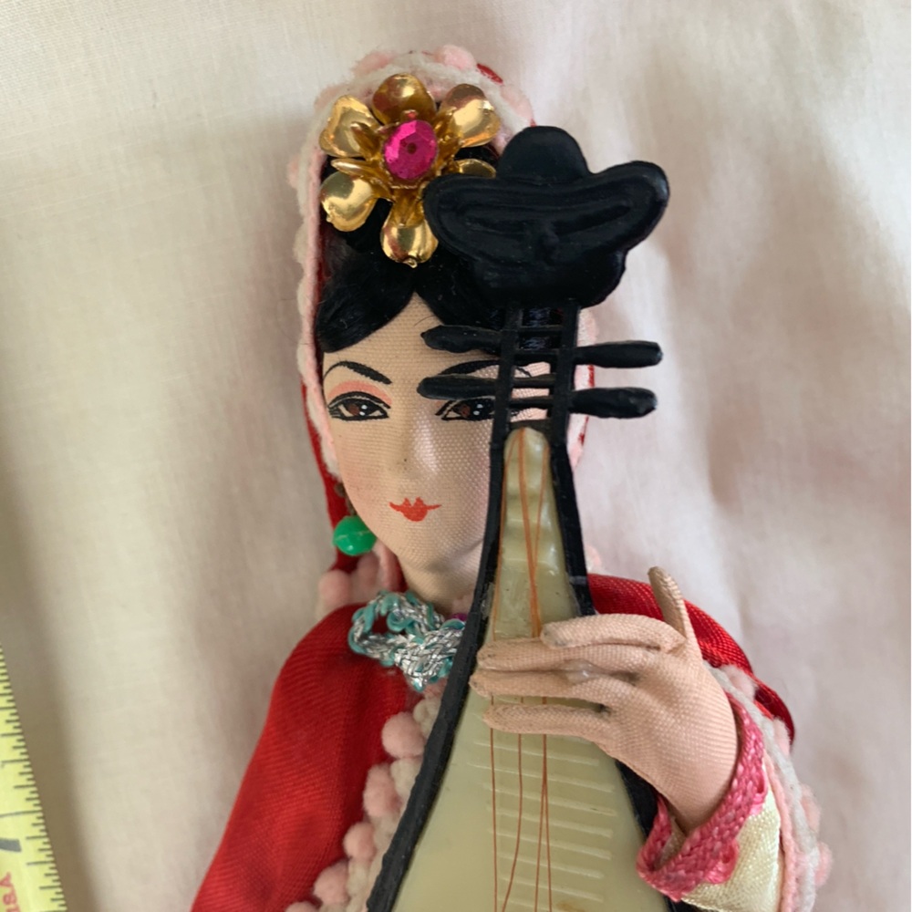 Vintage Oriental Chinese Doll Holding 3 string Lute Wood base 9.5" - Picture 2 of 3